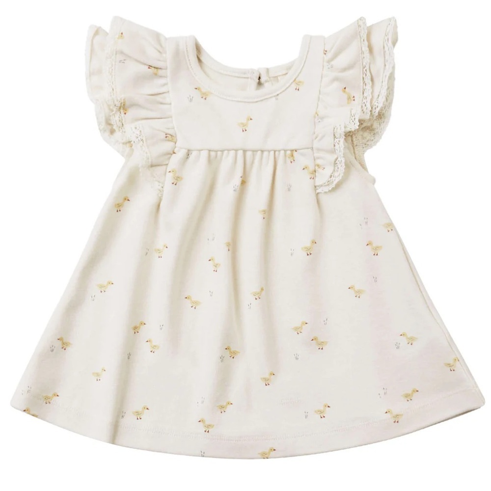 Quincy Mae Flutter dress ducks print lace baby girl beige neutral chicks ruffle